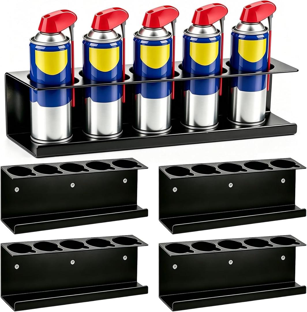 4 Pack Wall-Mounted Spray Bottle Holder, Heavy-Duty Steel Black Aerosol Can Storage Rack with 20 Holes, Spray Paint Can Organizer for Garage, Shop, Home, Tool Trailer & Service Truck