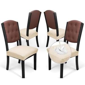 Zooody Waterproof Seat Covers for Chairs Stretch Dining Room Chair Seat Covers Set of 4 Washable Seat Covers for Kitchen Chairs Dining Chair Seat Protector Slipcover (Rear-Covered 4 PCS Beige)