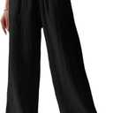SHENHE Women's Wide Leg Pants with Pockets High Waist Drawstring Casual Textured Travel Pants (Medium, Black)