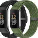 Elastic Braided Bands Compatible with Fitbit Charge 5/Fitbit Charge 6 for Women Men, Breathable Adjustable Stretchy Nylon Loop Sport Replacement Wristbands for Fitbit Charge 6 Charge 5 Straps (Black+Olive)