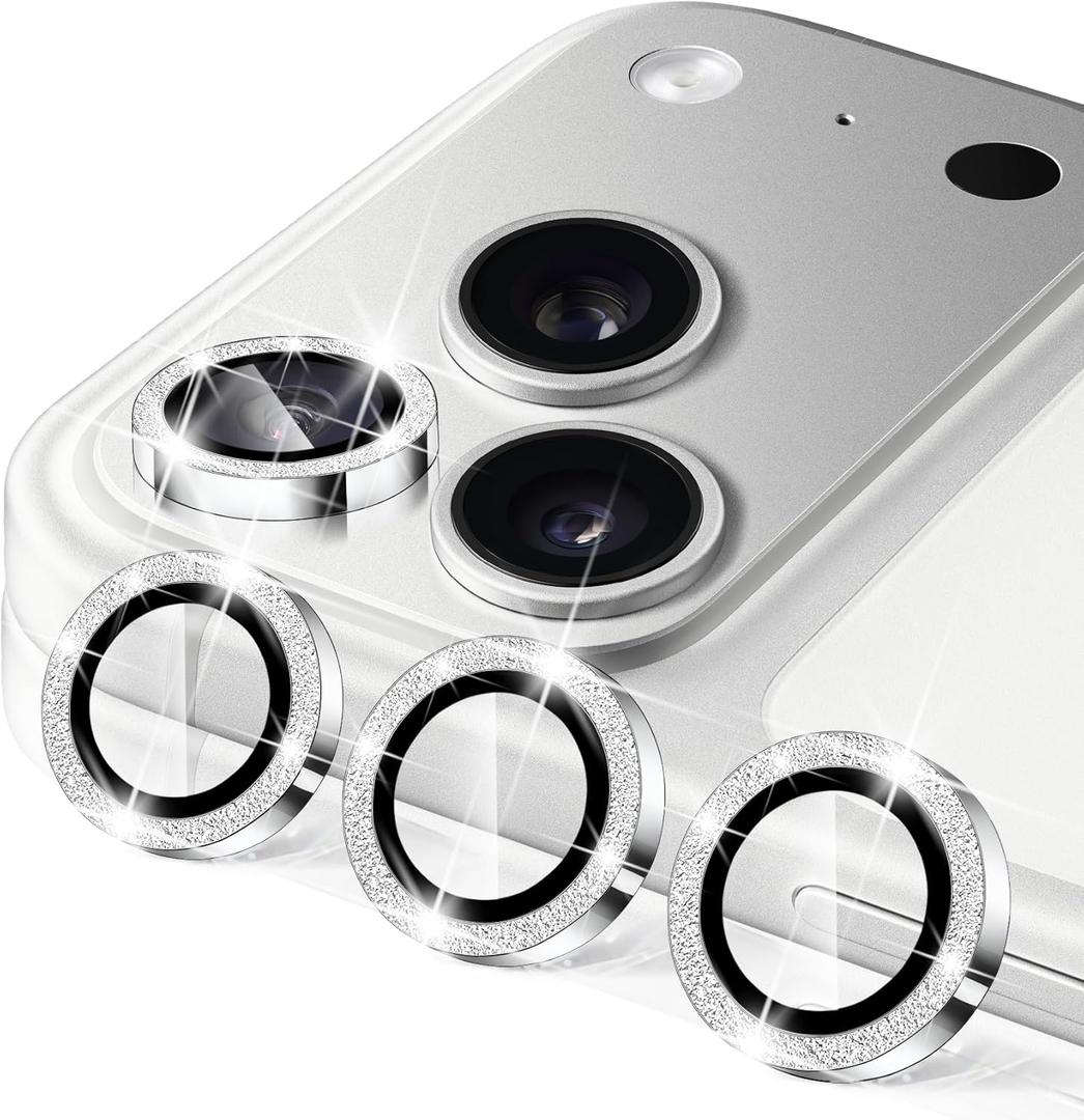 Camera Lens Protector for iPhone 17 Pro / 17 Pro Max, 9H Ultra-thin Tempered Glass, Glitter Bling Cute Girly Metal Individual Camera Cover Accessories for Women, Silver