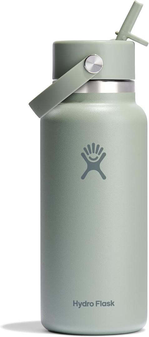 Hydro Flask Water Bottle - Insulated Stainless Steel - Wide Mouth Flex Straw Lid, Non Spill, Leakproof and Refillable in 32 Oz Tonal Agave