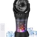 Wilody Misting Fan Portable Camping Fan Battery Powered with Remote Control, RGB Ambient Light with 2L Bucket, Battery Indicator, 120 Auto Oscillating, Timing Function, Grip Handle(Black), 7.5 inches x 7.5 inches x 17.2 inches