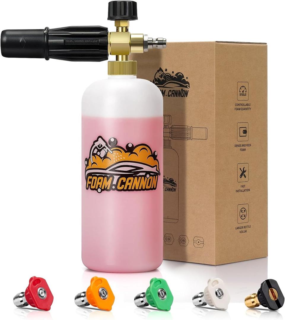 Foam Cannon Kit, 1L Bottle Snow Foam Cannon with 5 Pressure Washer Nozzle Tips, 1/4 Inch Quick Connector, Compatible with Gas Pressure Washers&Electric Pressure Washers (White)
