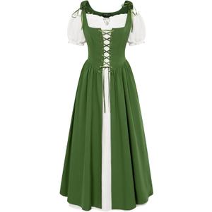 SCARLET DARKNESS Renaissance Costume Women Peasant Medieval Dress Short Sleeve Maxi Fairy Dresses with Pockets (Small, Green)