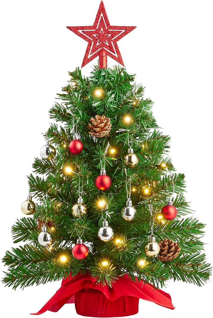 Joiedomi 24 Inch/2FT Tabletop Mini Christmas Prelit Decoration, Artificial Mini Xmas Pine Tree with Prelit LED String Lights and Ornaments Decor, Christmas New Year Decoration Tree Decor