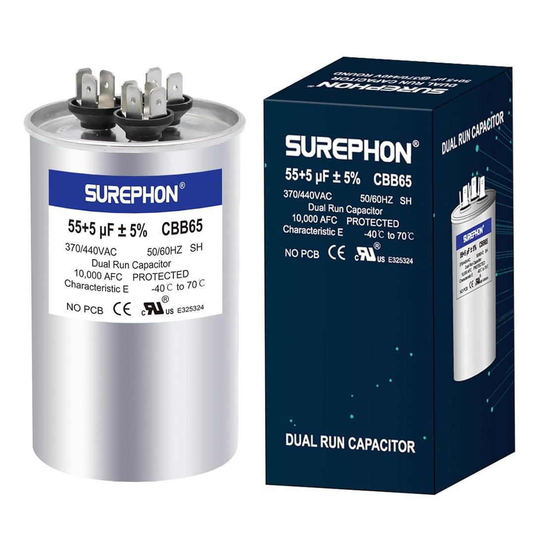 55+5 uF 55/5 MFD 5% 370V/440VAC Dual Run Start Capacitor CBB65 Works for AC Unit Fan Motor Start or Heat Pump or Condenser Straight Cool