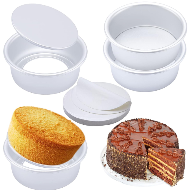 6 Inch Round Cake Pan Set of 4, Nonstick Aluminum Baking Pans with 100 Sheets Parchment Paper, Cake Tins For Making Layered Cakes Deep Dish Pizza Quiches, Removable Bottom For Easy Quick Release