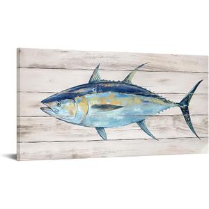 KREATIVE ARTS Blue Tuna Fish Canvas Print on Wood Background Ocean Wildlife Artwork for Kitchen, Living Room, Beach House, and Bathroom Decor 20x40 Inch Ready to Hang