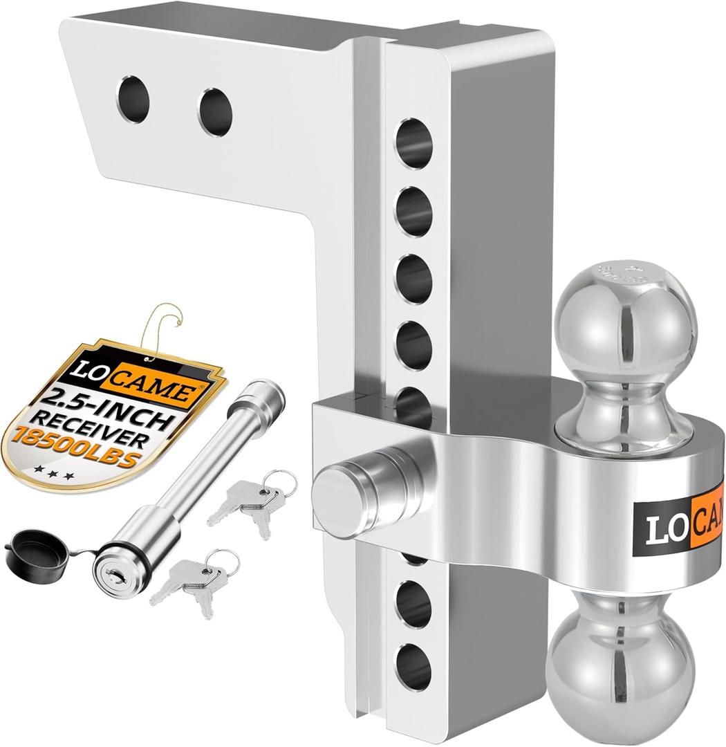LOCAME Adjustable Trailer Hitch, Fits 2.5-Inch Receiver Only, 8-Inch Drop/Rise Aluminum Drop Hitch, 18,500 LBS GTW-Tow Hitch for Heavy Duty Truck with Double Stainless Steel Locks, Silver, LC0008