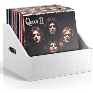 Wood Vinyl Record Storage, Retro & Durable Vinyl Crate and Record Holder, Album Storage Record Case Box for 60+ Records, Perfect Record Organizer for Home Decor and Collection Display(White)
