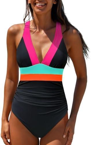 popvil One Piece Swimsuit Women 2025 Tummy Control Neon Color Block Bathing Suit Deep Vneck Tie Back Swim Suits Beach Size L