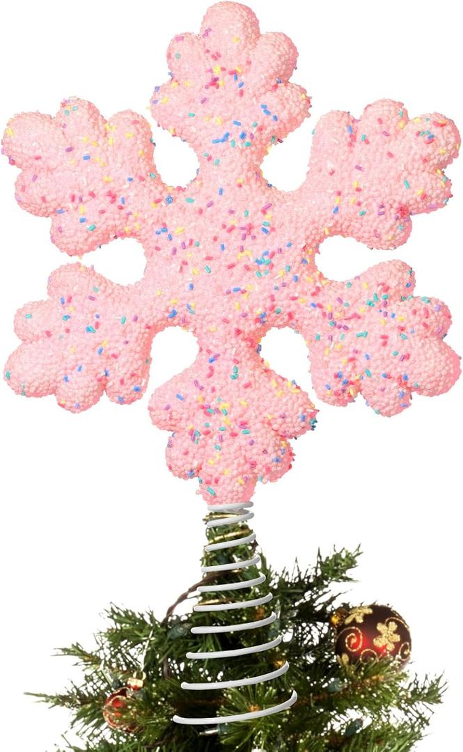 Gejoy 15.75 Inch Pastel Christmas Tree Topper Snowflake Candyland Pink Christmas Decorations Tree Topper Snowflake Decor for Xmas New Year Holiday Party Decor