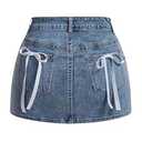 MakeMeChic Women's Denim Skirt High Waist Bow Pocket Bodycon Y2K Mini Jean Skirts Medium Wash Small