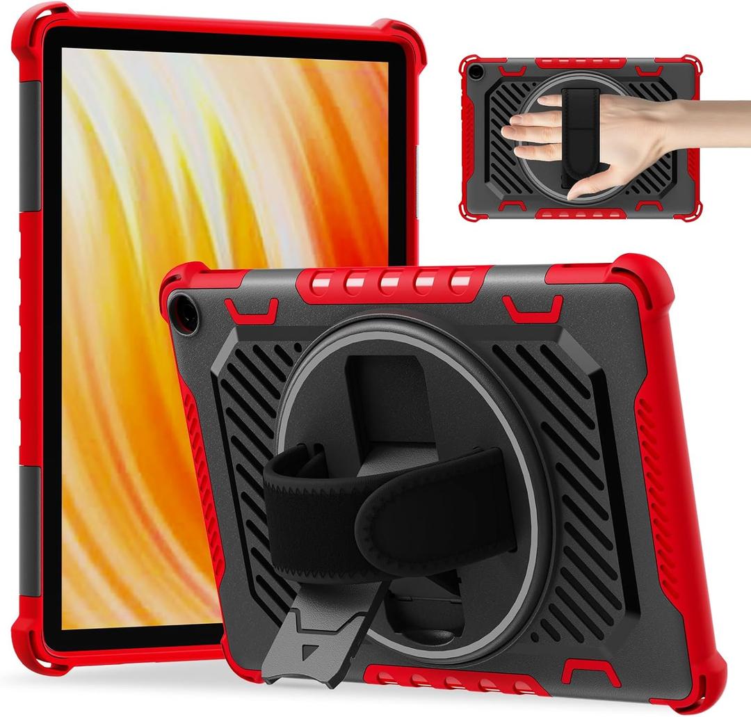 for Flre HD 10 & HD 10 Plus Tablet Case 13th Generation with 360 Rotating Kickstand Hand Strap, Kids Friendly (Black+Red)