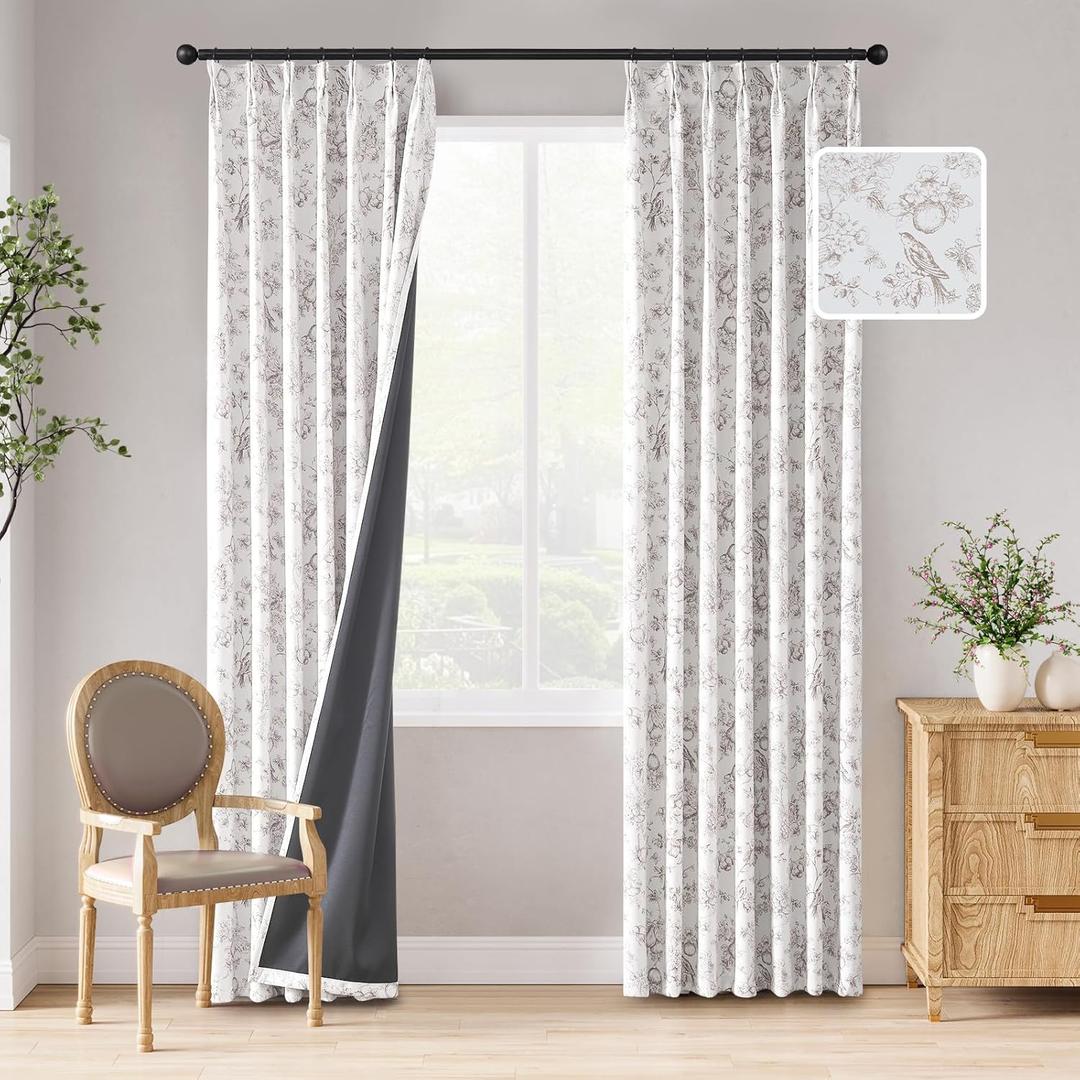 jinchan Pinch Pleated 95% Blackout Floral Curtains, Taupe 84 Inch, Room Darkening Drapes with Thermal Insulation, 2 Panels Curtains for Bedroom Living Room, Blackout Printed Flower Curtain
