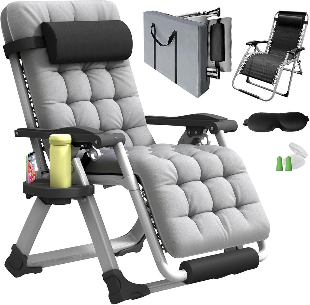 Oversized Zero Gravity Chair, XL Lounge Chair 29 Width, Padded Reclining Camping Chair W/Removable Cushion & Adj Headrest, Storage Bag, Footrest Cushion, Cup Holder, for Indoor Outdoor, Gray (Grey)