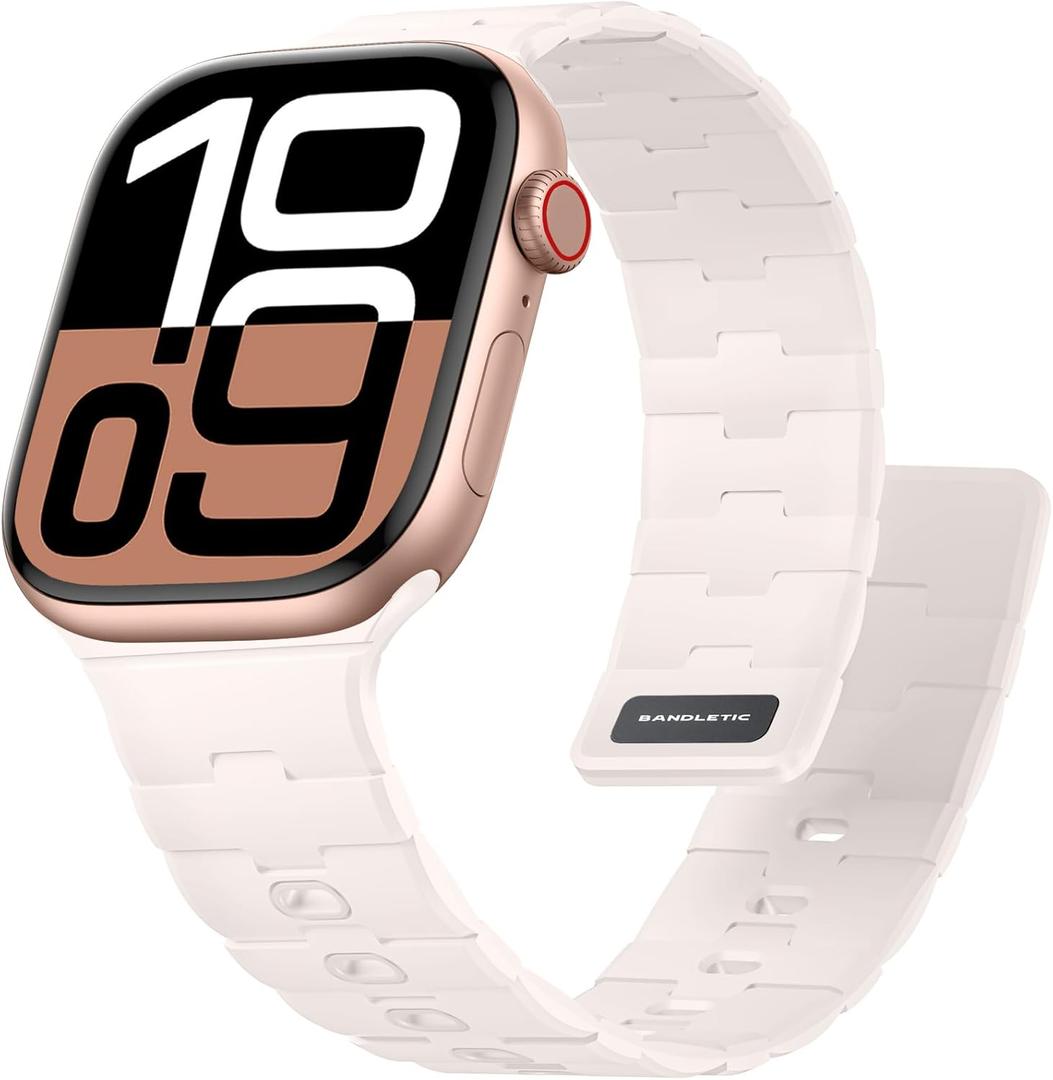 Bandletic Magnetic Silicone Watchband Compatible with Apple Watch Band 44mm 45mm 46mm 49mm 42mm 41mm 40mm 38mm Men Women, Strong Magnet Sport Strap for iWatch Series 11 10 9 8 7 6 5 4 Ultra SE 3 2 1 (Light Blush)
