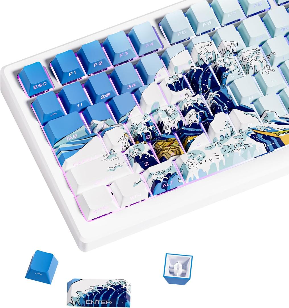 XVX Shine Through Keycaps, Side Print PBT Keycaps 75 Percent Dye Sub, 131 Keys Cherry Profile Custom Keycaps 60 Percent, Wave of Kanagawa Double Shot Keyboard Key caps for Mechanical Keyboards (Blue Kanagawa Theme)