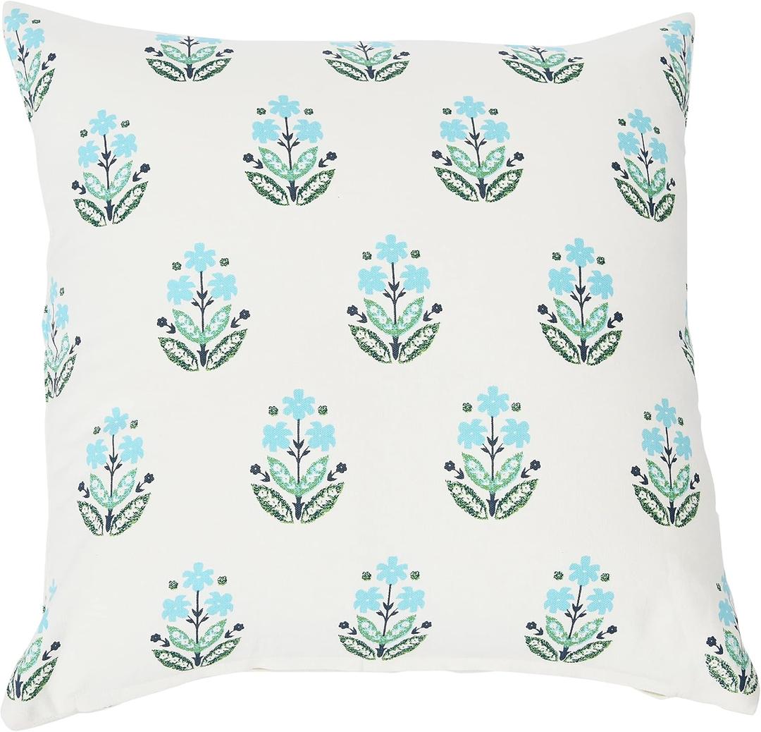20" Square Floral Print Cotton Pillow Cover (Blue/Green)