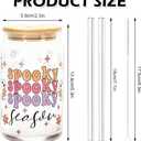 Whaline 2 Pack Groovy Halloween Drinking Glasses 16oz Spooky Ghost Pumpkin Flower Glass Cup Orange Pink Purple Iced Coffee Cup with Lid Straw for Cocktail Whiskey Beer Soda