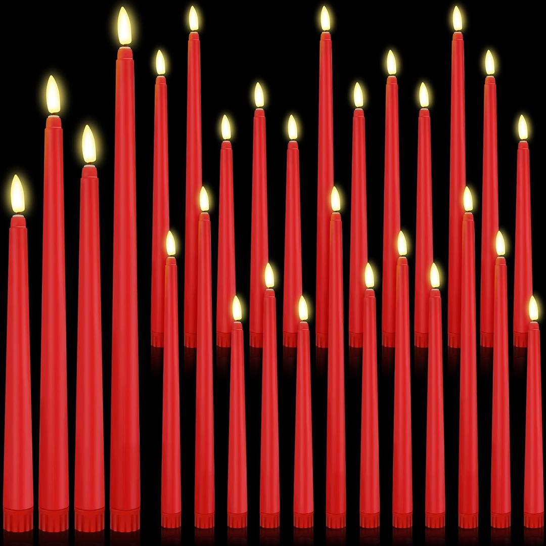 24 Pcs Flameless LED Taper Candles Battery Operated Candles 8.58'', 9.69'', 10.98'', 12.91'', 12.8'' Flameless Candlesticks Flickering for Halloween Christmas Church Wedding(Red)