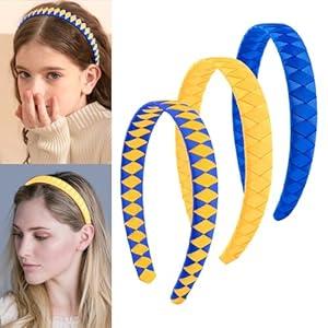 DEEKA 3 PCS Woven Headband Uniform Headband Hair Accessories Grosgrain Ribbon Weaved Hair Band for Women Girls Teens Football Softball Cheer Sports (Royal Blue&Yellow)