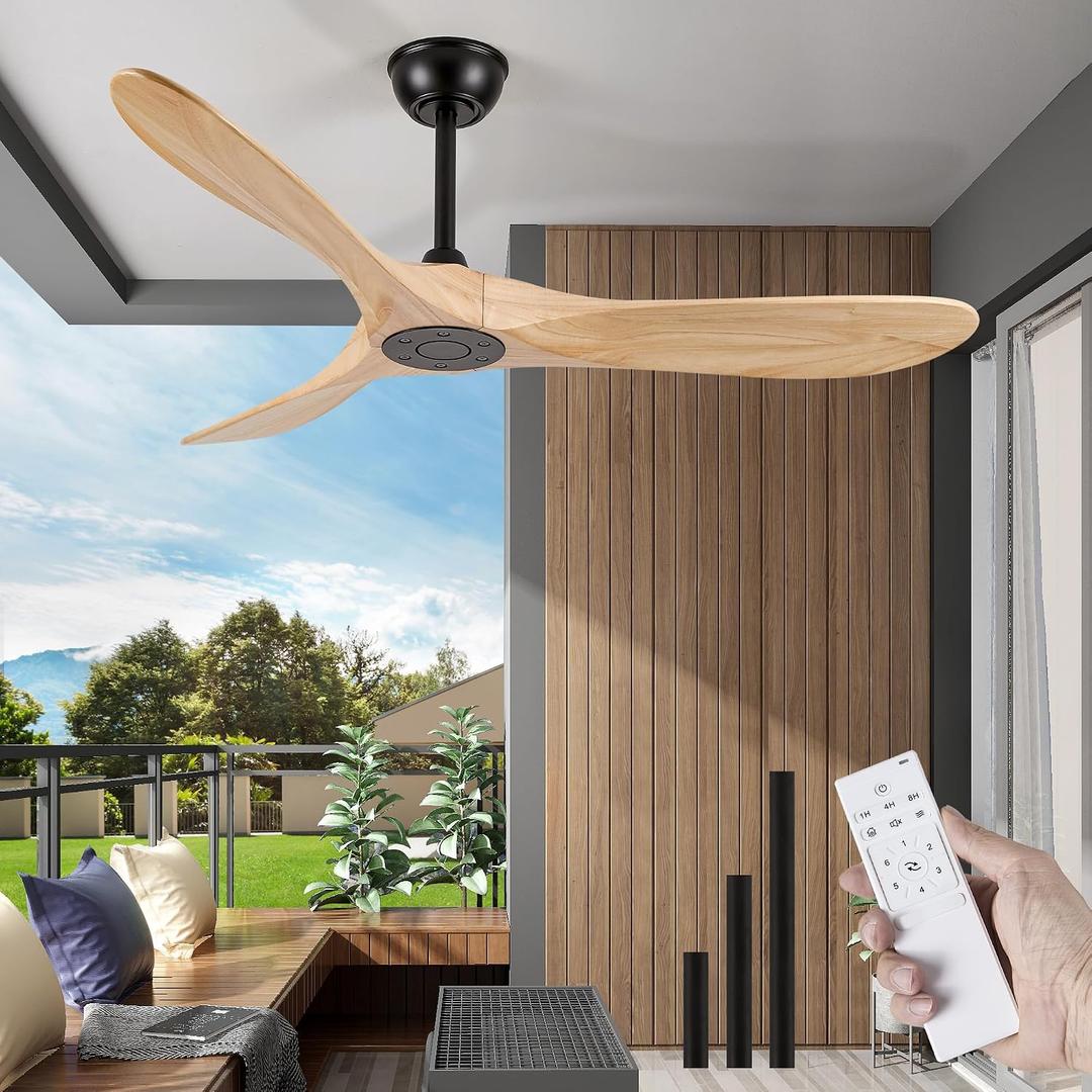 52 Inch Solid Wood 3 Blade No Light Ceiling Fan
28dB quiet DC reversible motor; 5/10/15in interchangeable downrods; 6spd timer remote; sleek no light wood fan for farmhouse