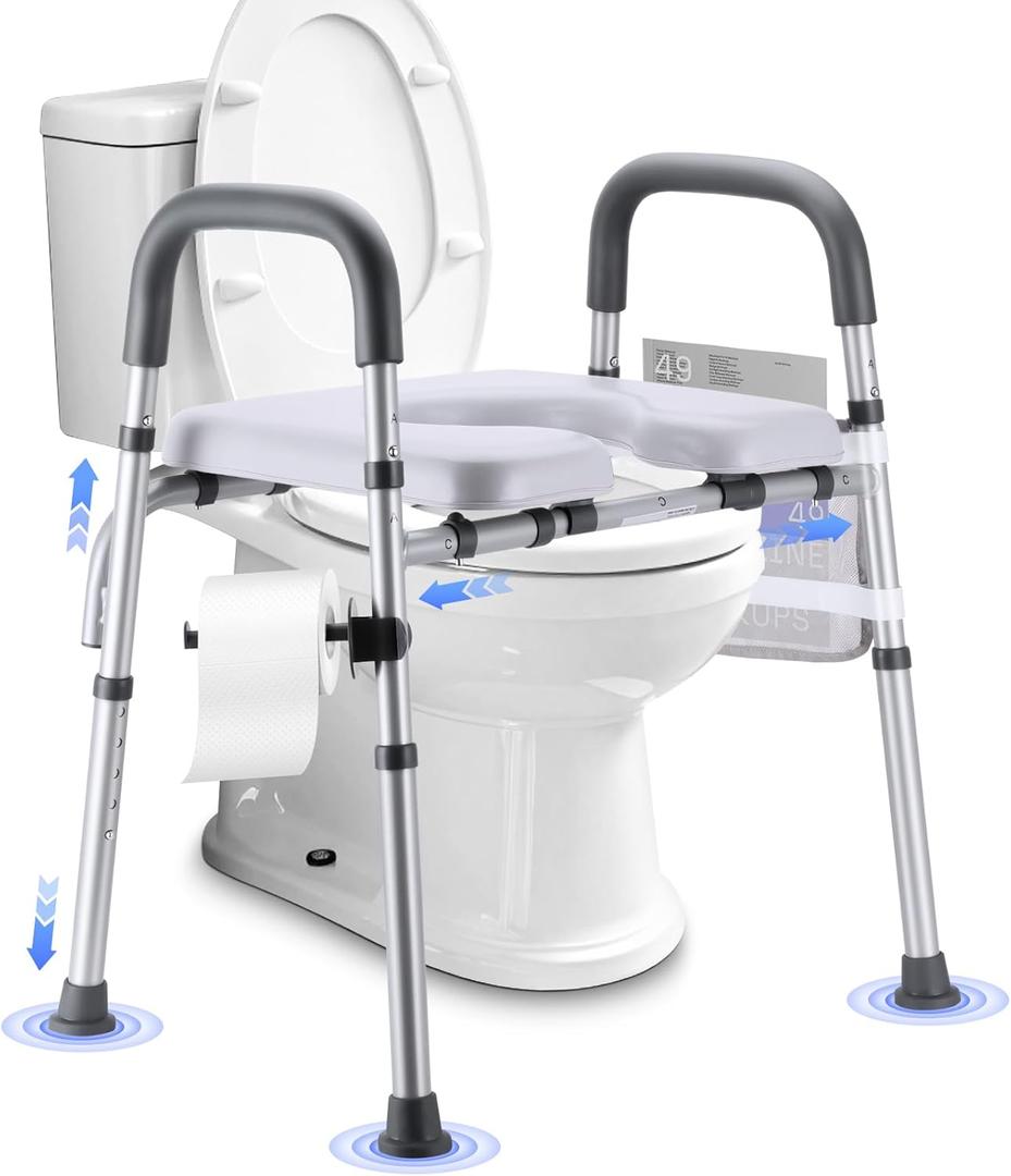 Raised Toilet Seat with Handles, Toilet Seat Riser for Seniors with Adjustable Height & Width. Cozy Padded 500lb Handicap Elevated Toilet Seat for Elderly, Surgery, Pregnant. Fit Any Toilet (Grey)