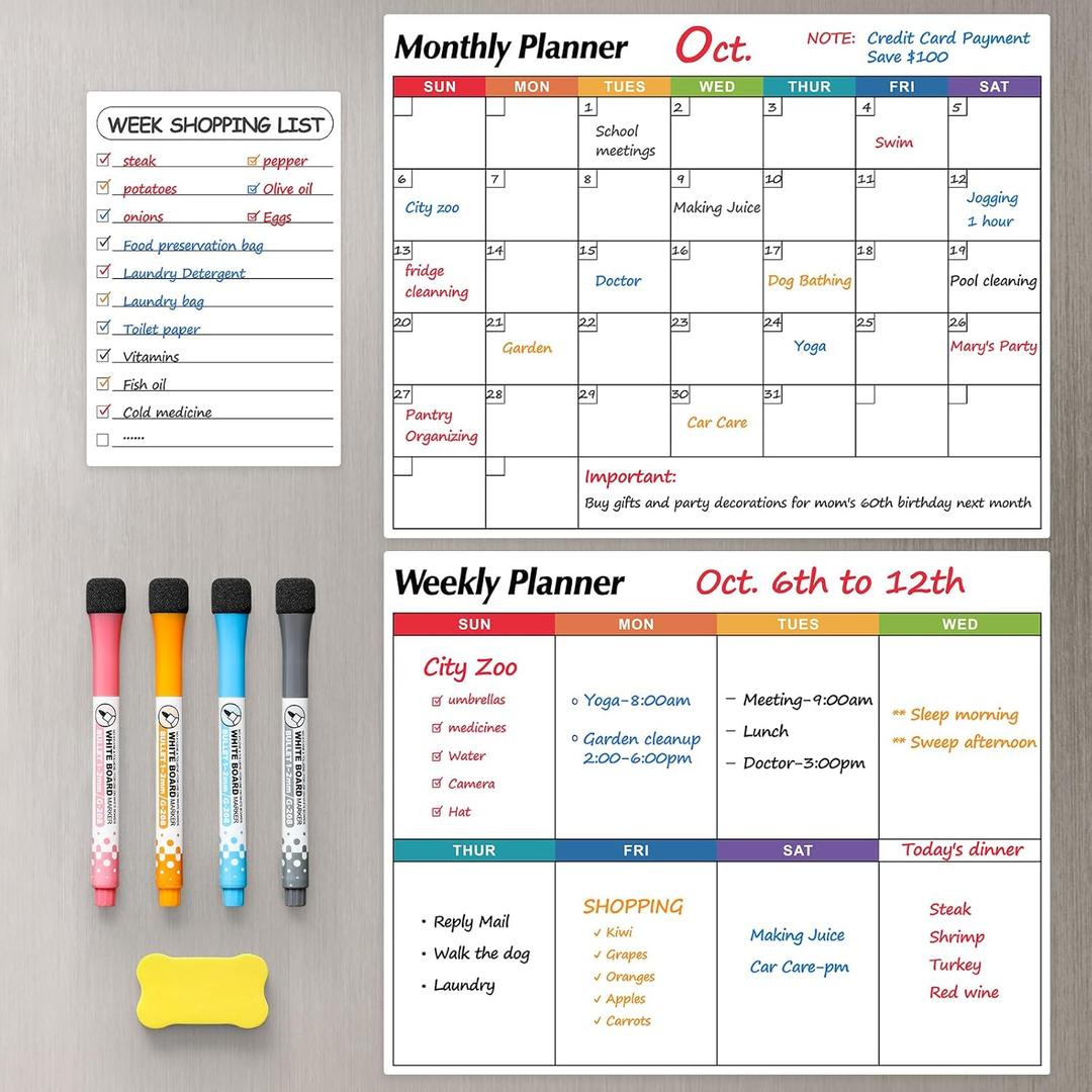 Dry Erase Magnetic Calendar for Refrigerator, 3 Pack- Monthly & Weekly & Daily Planner Magnet Whiteboard for Fridge Wall Door - Shopping, Meal/Menu, To Do List, Family Schedule Planning Board, 14"x11"