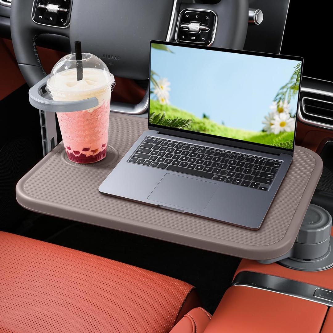 Car Tray & Car Desk for Laptop, 360 Rotating Wood Cup Holder Table,Aluminum Cantilever Laptop Mount for Vehicle,Steering Wheel Tray,Fits for Tesla Model Y/3/S,Camry Forester F150 Tundra&Most Vehicles (Truffle Brown)