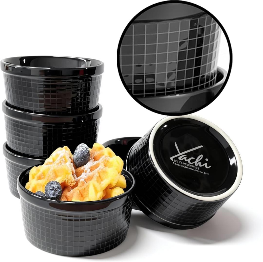Yachi Black Ramekins 8oz 4.15 inch Set of 6, Oven Safe custard cups, Side Dishes, bouillon cups, salsa bowls, Baking Souffles Ceramic Ramekin