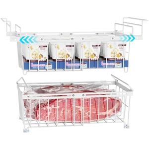 iSPECLE Freezer Organizer Bins - 2 Pack Large Stackable & Hanging Deep Freezer Organizer Bins for 10 to 20 Cu.Ft Chest Freezer Easily Gets Bottom Food, Expandable Adds Space to Store More Food, White