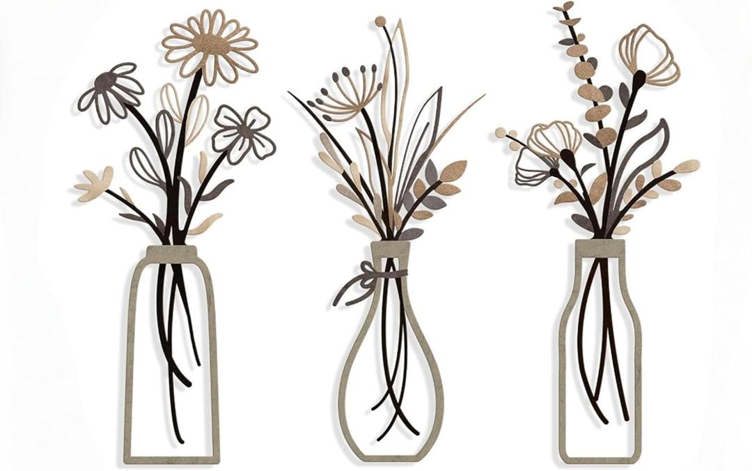 RISCORIO 3 Pieces Flower Wall Decor Minimalist Wall Art, Metal Flowers Wall Arts for Dining Room, Living Room, Bedroom, Bathroom, Kitchen, Rustic Farmhouse Decor, Brown