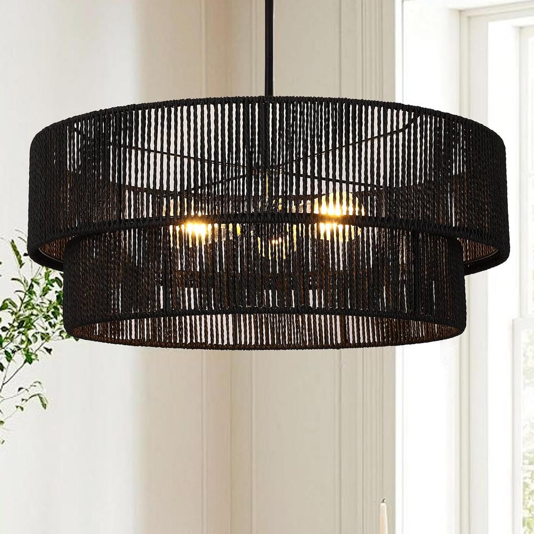 Black Boho Rattan Chandelier 23.6'' Hand Woven Chandelier Light Fixture 3-Light Farmhouse Drum Pendant Light for Dining Room Bedroom Kitchen Hallway Foyer