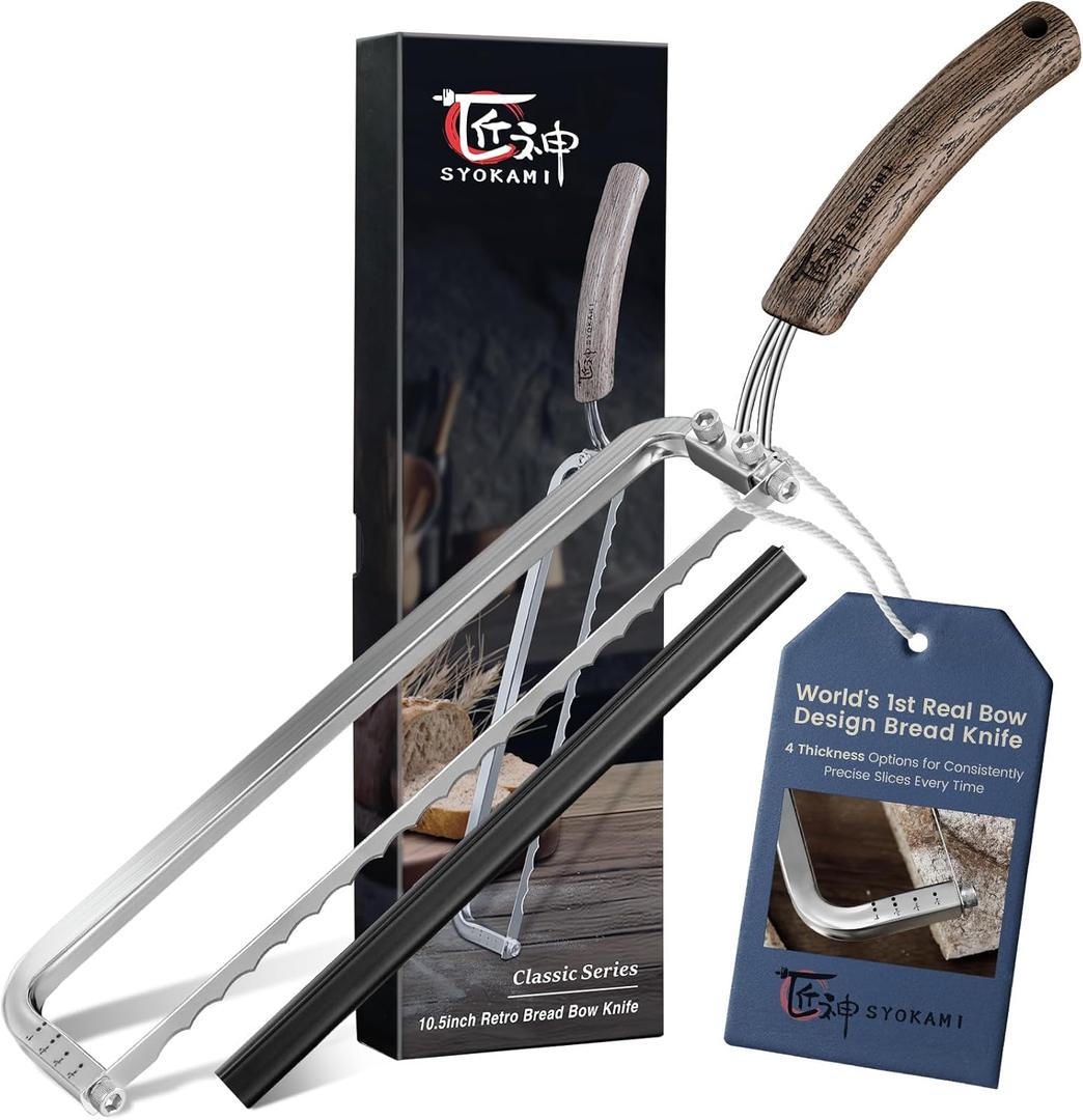 SYOKAMI 2026 Upgrade Bread Knife for Homemade Bread, World's 1st Real Bow-Design Sourdough Bread Slicer, Razor-Sharp Cutter for Crusty Sourdough & Baguette, 4 Thickness Scale Marks, Gift for Mom