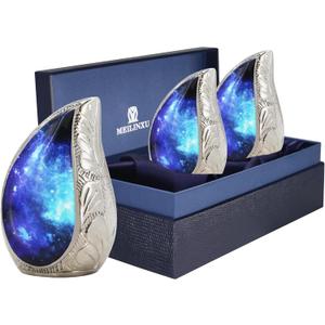 M MEILINXU Cremation Mini Urns for Human Ashes Keepsake, Funeral Urn for Ashes Adult Male & Female, Cosmic Galaxy Urns, Brass Engraving, Miniature Keep Sake - Blue Teardrop Small Keepsake Set of 3