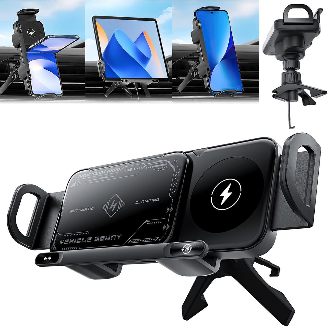 High Intelligent Mobile Phone/Pad Holder, 2 in 1 Auto Rotating Phone Holder, Car Charger Fast Charging, One-Touch Rotatable Car Vent Mount for Smartphone/Pads, Including Foldable Phones (Black)