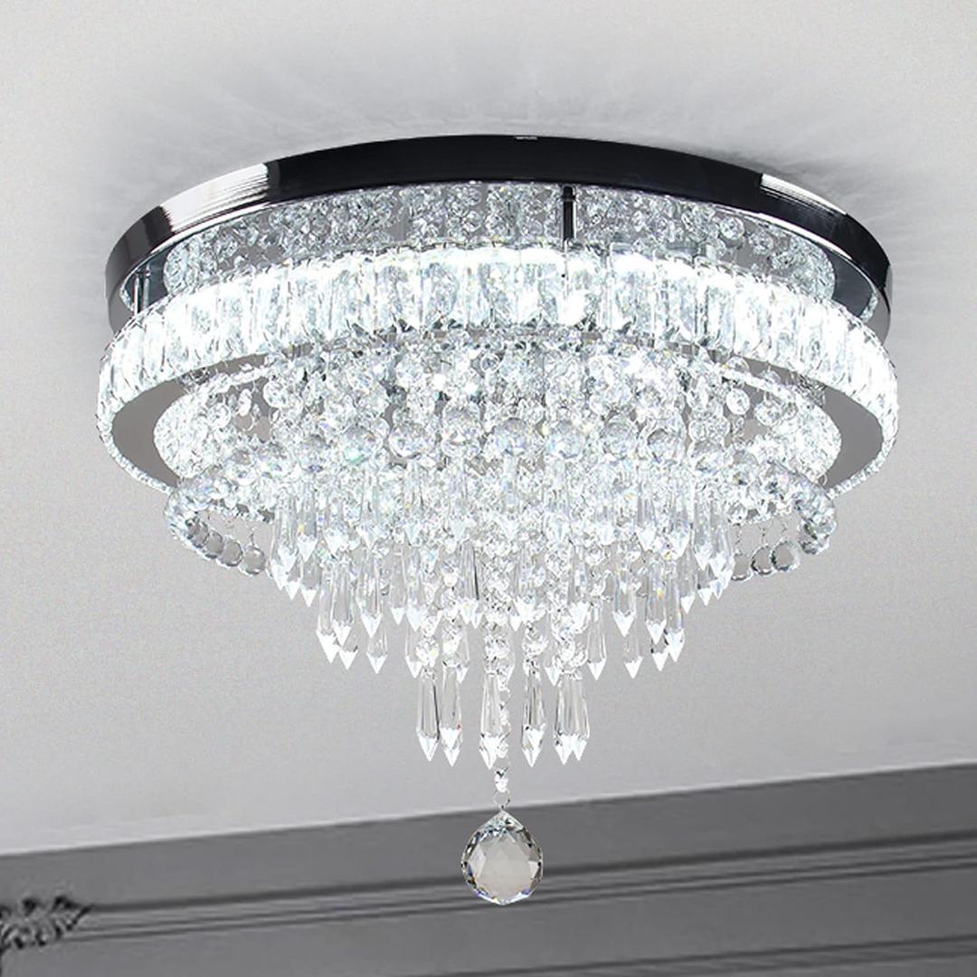 FRIXCHUR 19.7" Crystal Chandeliers Crystal Ceiling Light Fixtures Modern Flush Mount Light LED Chandelier Lamp for Living Room Bedroom Dining Room 6500K Cool White
