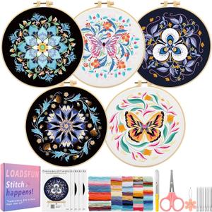 LOADSFUN 5 Pack Embroidery Kit for Beginners, Cross Stitch Kits with Floral Stamped Patterns, Hoop, Colorful Threads, Step by Step Instructions & Video, Needlepoint Kits for Adults (Flower Butterfly)