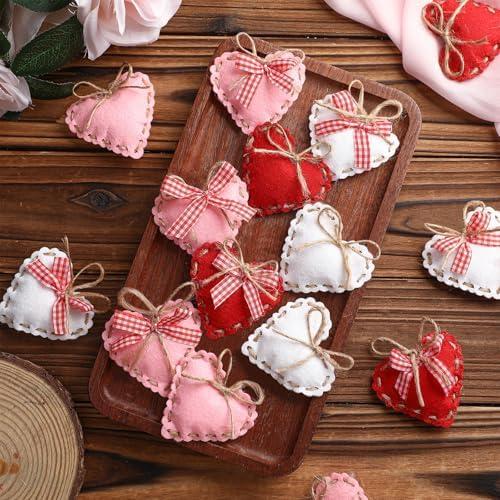 HunnmingRe 24 Pcs Valentine Felt Heart Ornaments for Tree Small Heart Hanging Decorations Valentine Felt Baubles for Home Wedding Party Decor(2.4 Inch,Elegant Style,Red Pink White)
