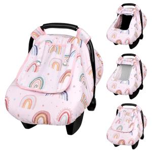 Car Seat Cover Baby Girl, Warm Winter Carseat Cover for Baby, Kick-Proof Infant Car Seat Cover with Peep Window, Windproof & Cozy, Pink Rainbow