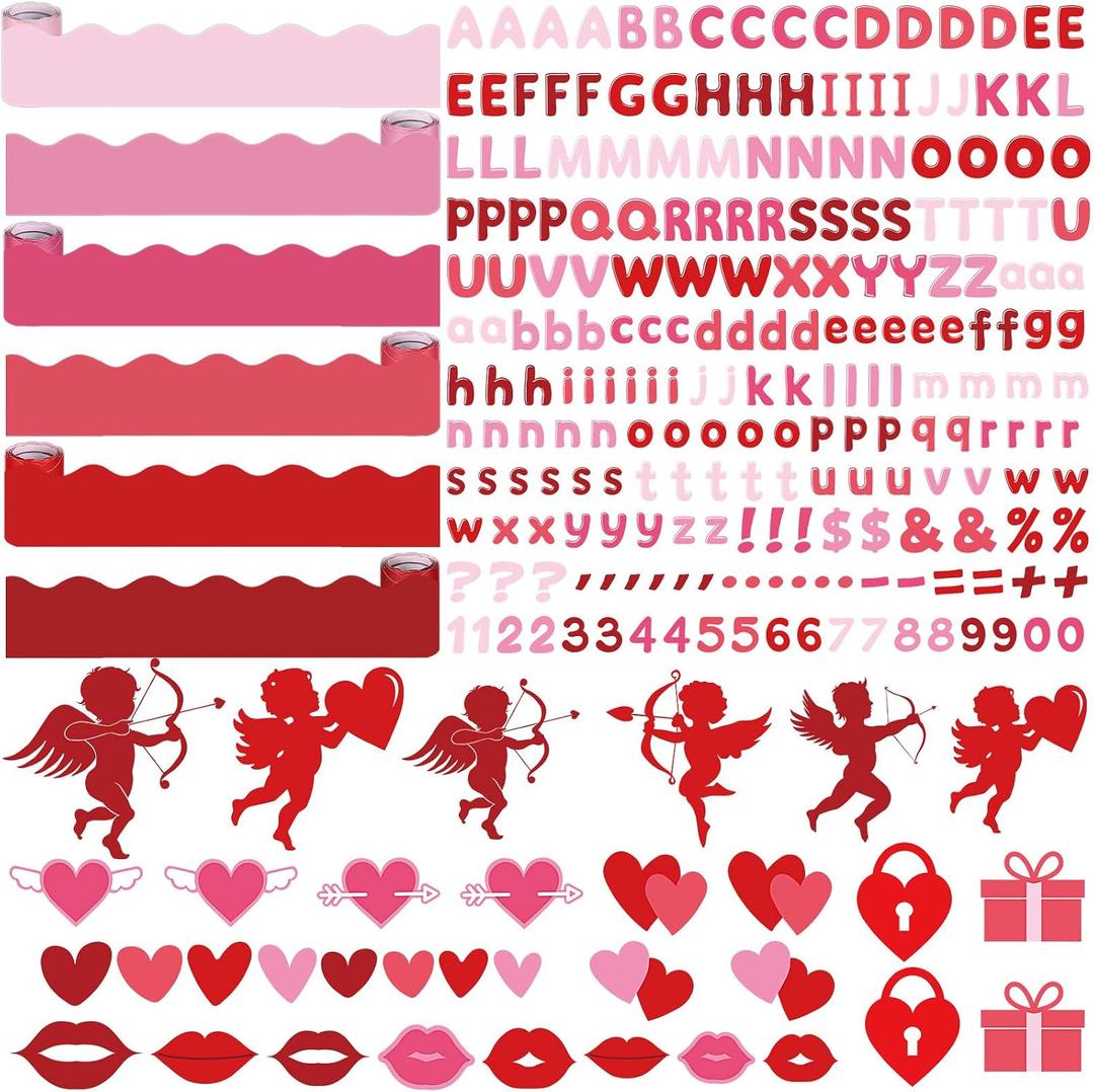Kosiz Heart Bulletin Board Decoration Set 118 ft Scalloped Large Bulletin Board Borders Classroom Poster Border Trim with 257 Pcs Letter Number Symbol Cutout for Back to School Decor