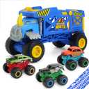 Monster Trucks Hauler Rhino with 3 Mini Diecast Monster Trucks & Super Ramp Launch, Monster Truck Toys for Kids 3-5 and up (Blue)