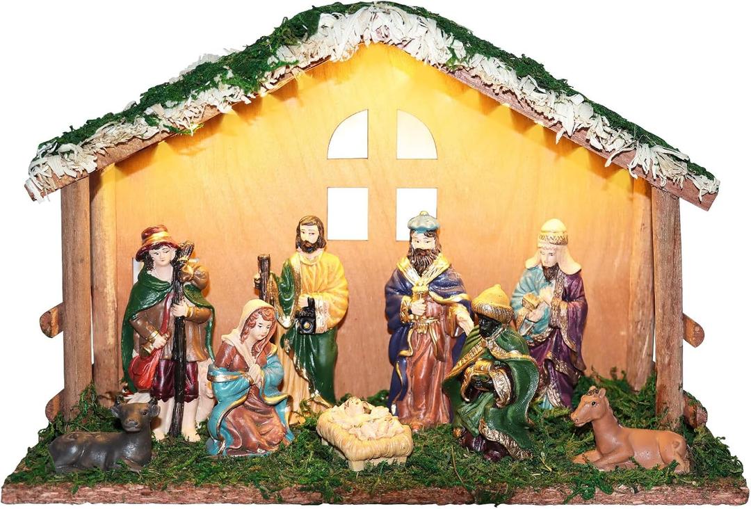 Lighted Christmas Nativity Set, Nativity Sets for Indoor with Wooden Stable, Nativity Scene Set & Figures for Christmas Decorations Indoor Tabletop Decorations