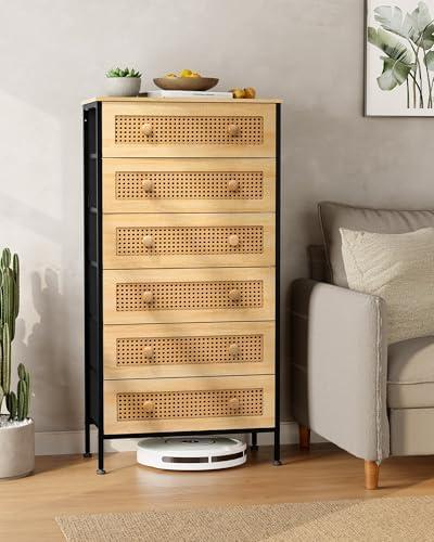 Crestlive Products Rattan Dresser Storage Tower, Tall Fabric Dresser, Chests of Drawers, Wood Top - Organizer Unit for Bedroom, Hallway, Entryway, Closets (Natural, 6 Drawers)