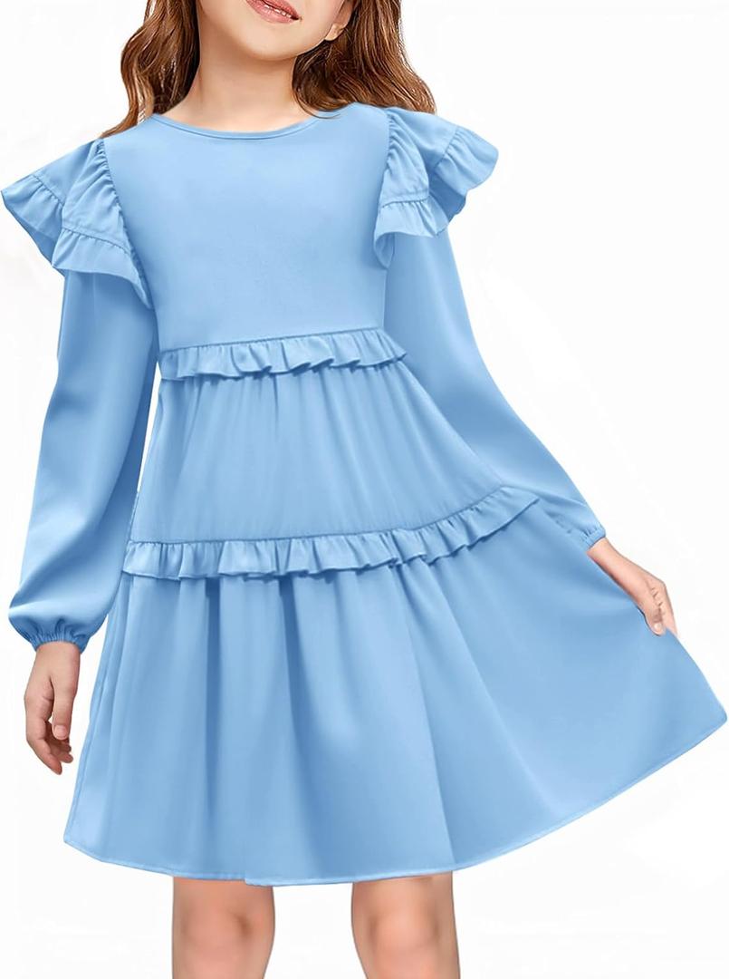 Haloumoning Girls Long Sleeve Dress Kids Ruffle Babydoll Dress Casual Party Swing Dresses 5-14 Years
