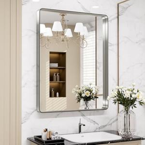 LOAAO 24X30 Inch Brushed Nickel Bathroom Mirror, Rounded Rectangle Silver Metal Frame Mirror, Brushed Nickel, Anti-Rust, Shatter Proof, Hangs Horizontally or Vertically