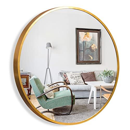 COHMJJY 27.6 Inch Circle Mirror with Brushed Metal Frame Round Bedroom Mirror Wall-Mounted Hanging Modern Decorative for Bathroom, Living Room, Bedroom, Entryway, Gold
