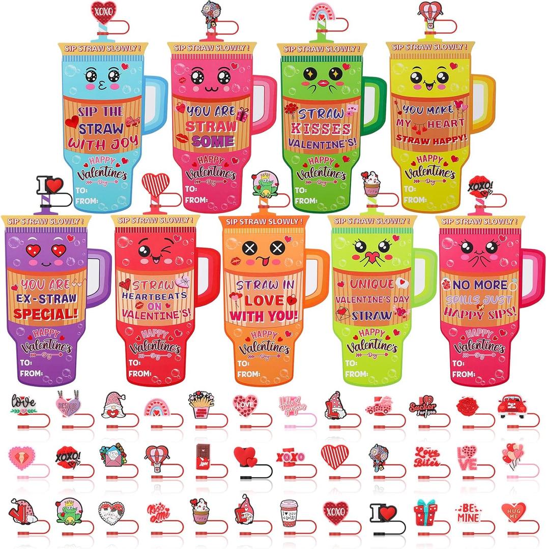 36 Pack Valentines Day Cards with 10mm Straw Covers Caps Compatible with Stanley Cup Tumbler Valentines Day Cards for Kids School Classroom Exchange Gift Party Favors
